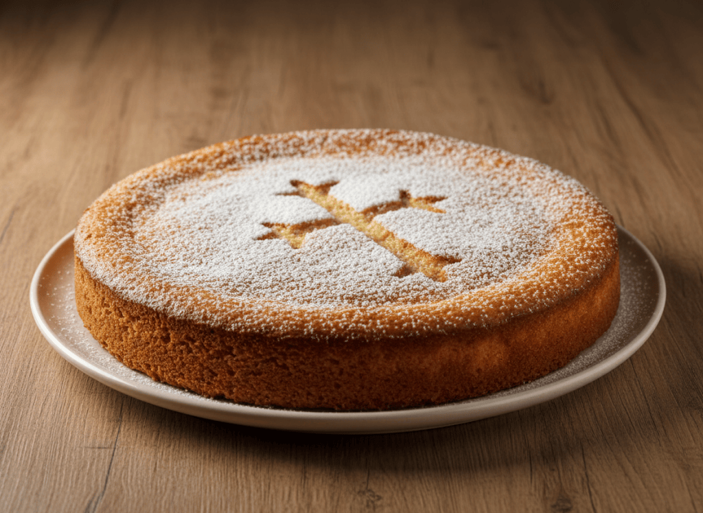 Tarta de Santiago entera y dorada con azúcar glas y la silueta de la cruz de Santiago sobre un plato.
