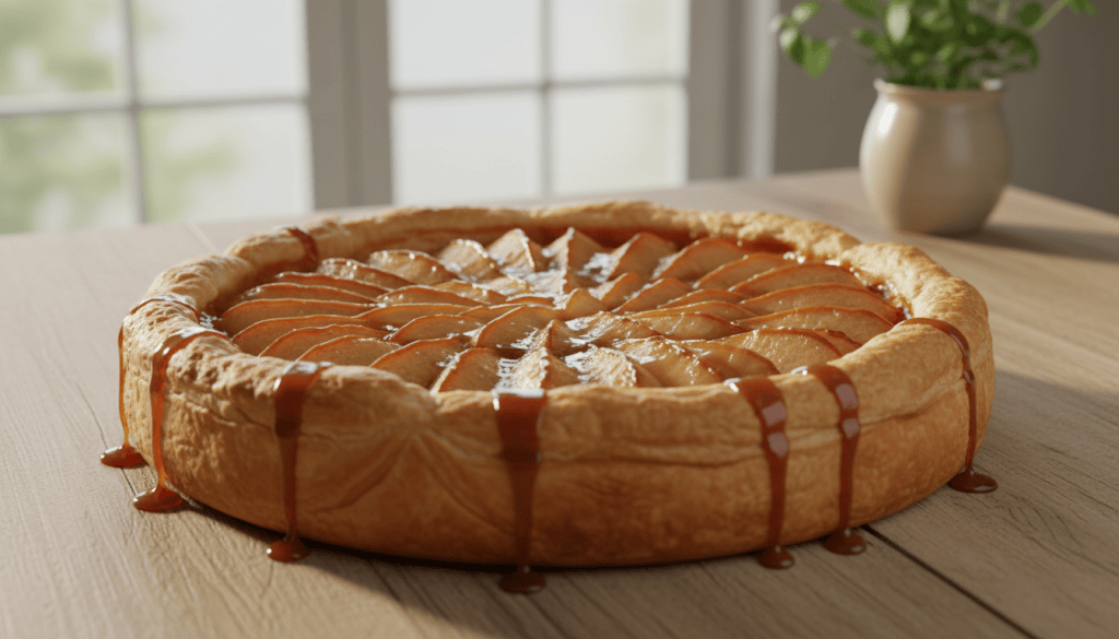 Tarta tatin de peras caramelizadas con base de hojaldre dorado, servida en una fuente