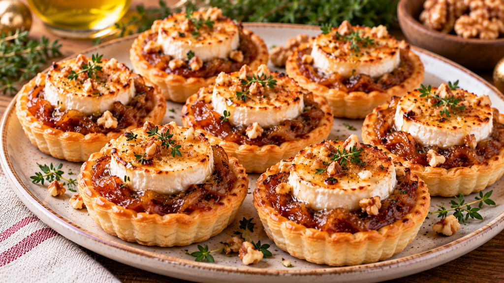 Tartaletas doradas de hojaldre con cebolla caramelizada, medallones de queso de cabra gratinado, nueces y tomillo