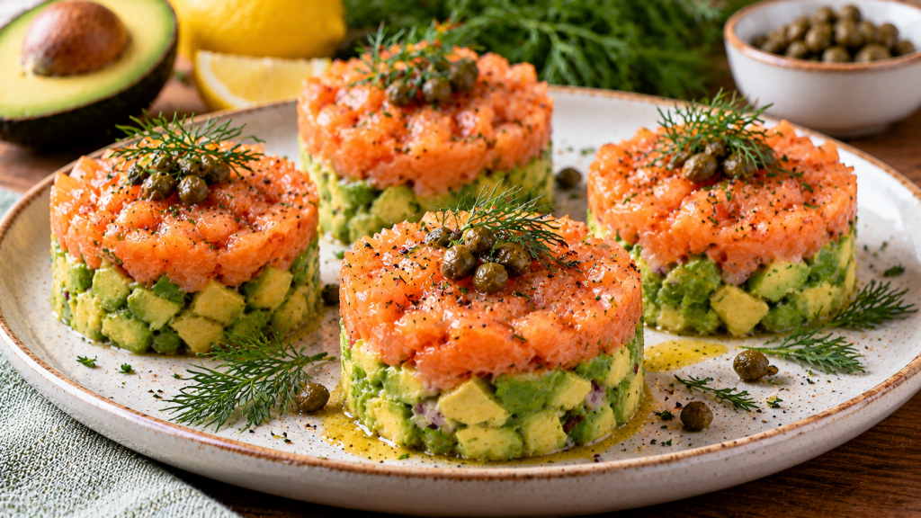 Cuatro timbales de tartar de salmón ahumado y aguacate con alcaparras y eneldo, en plato de cerámica