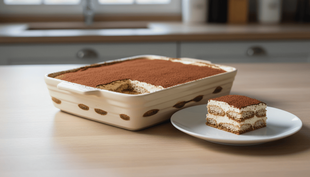 Tiramisú casero con capas de bizcocho al café y crema de mascarpone en una fuente rectangular, visto en perspectiva de tres cuartos.