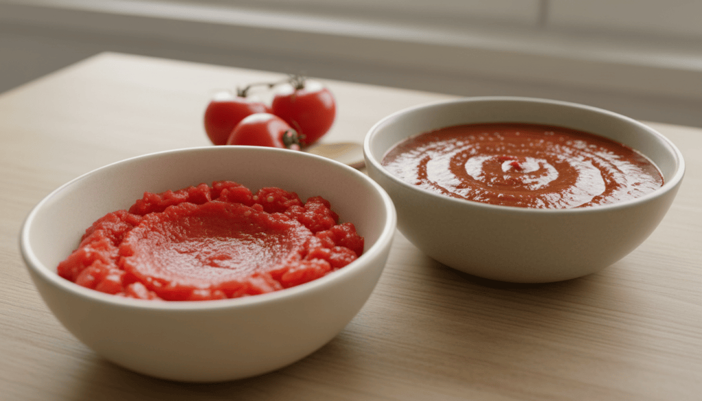 Dos cuencos de tomate triturado y tomate frito sobre una mesa, vistos en perspectiva de tres cuartos.