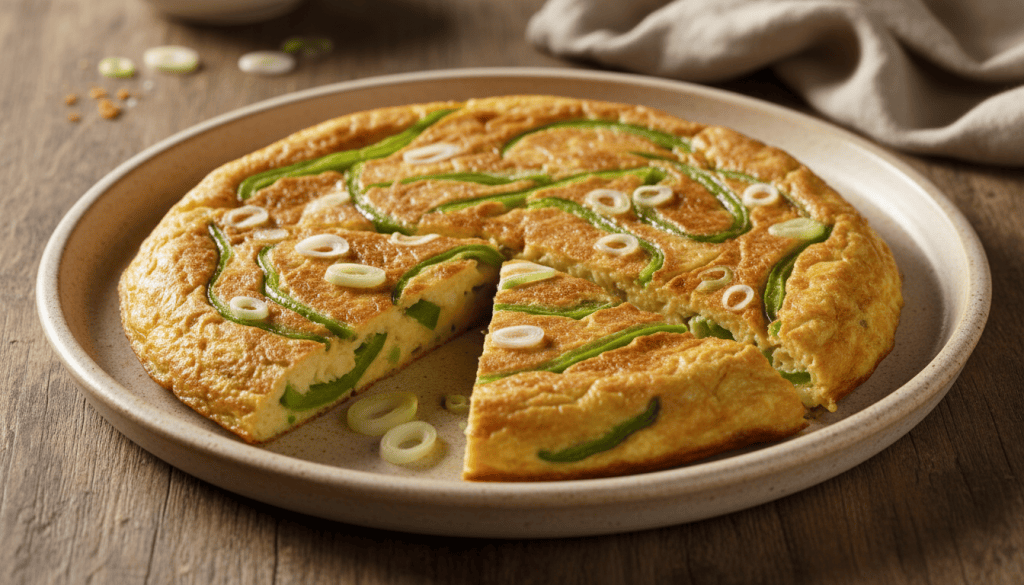 Tortilla de bacalao con pimientos verdes y cebolleta dorada, presentada en un plato sobre una mesa de cocina
