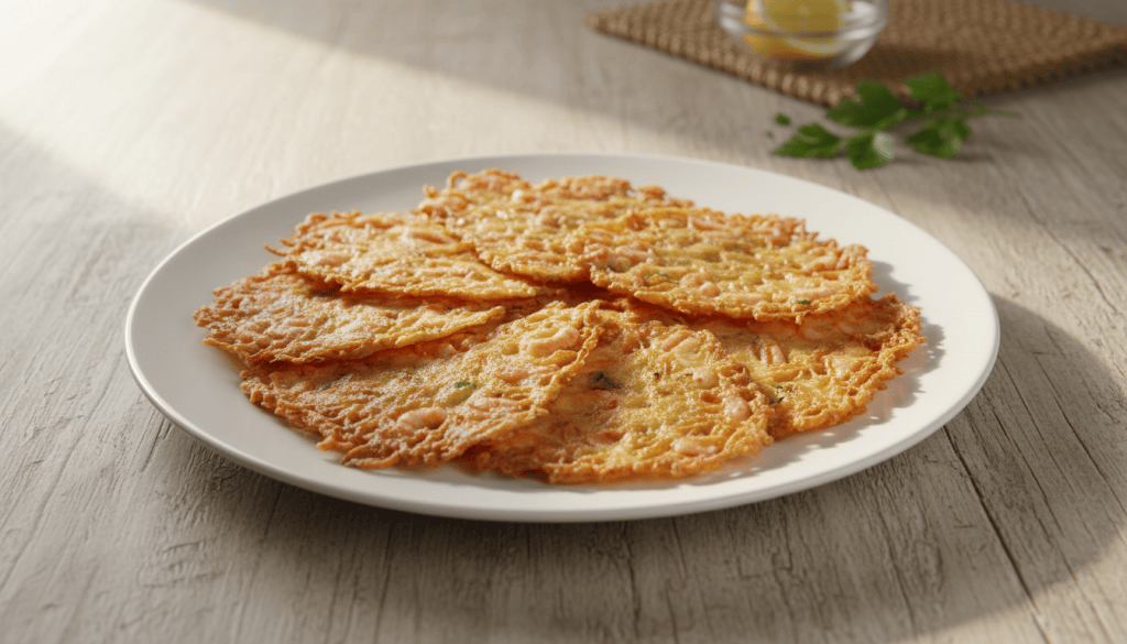 Plato de tortillitas de camarones gaditanas finas, doradas y crujientes
