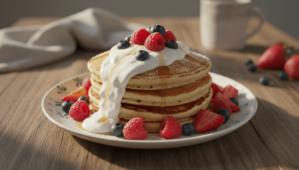 Plato de tortitas americanas esponjosas con yogur natural y frutos rojos