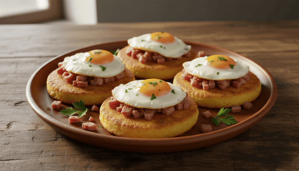 Tortos de maíz asturianos dorados con picadillo de chorizo y huevo frito en un solo plato