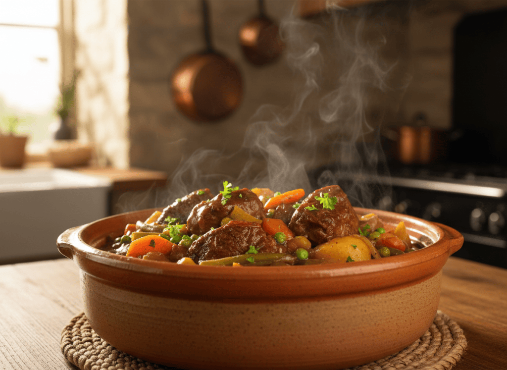 Fotografía de un guiso de ternera con verduras en cazuela de barro, luz de cocina natural, sin letras
