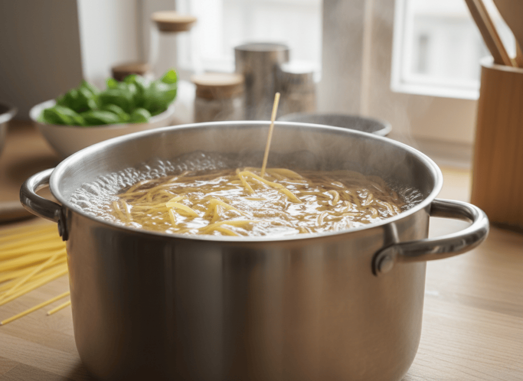 Fotografía de espaguetis en una olla grande de cocina, luz natural, sin texto