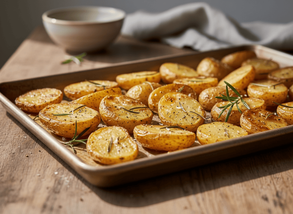 Fotografía culinaria de patatas al horno doradas sobre una bandeja con romero, encuadre horizontal, luz natural, sin texto