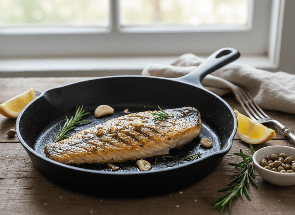 Fotografía gastronómica horizontal de un filete de pescado dorado en una sartén, luz natural, sin texto