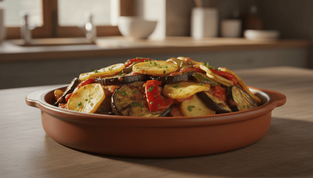 Fuente de tumbet mallorquín con capas de patatas, berenjenas, pimientos y salsa de tomate