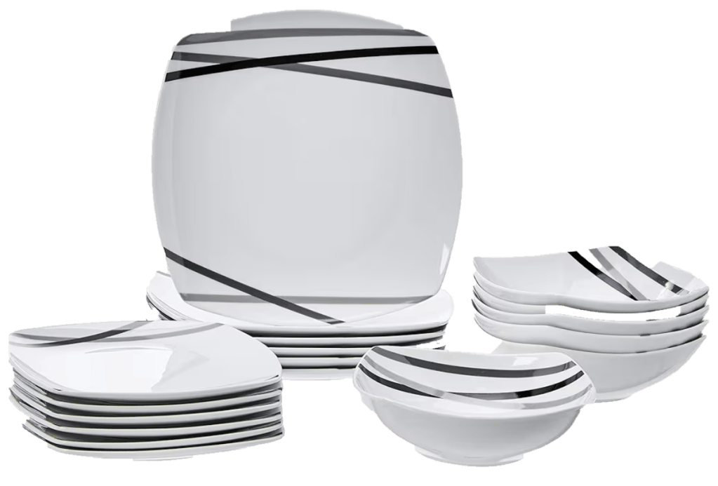Vajilla blanca de porcelana Amazon Basics de 18 piezas con líneas negras y grises, platos y cuencos
