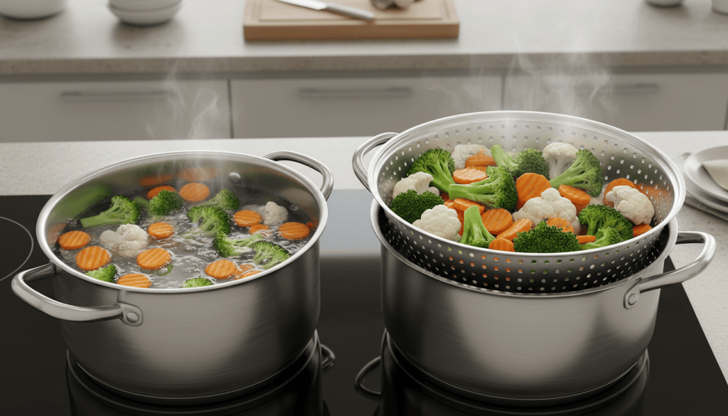 Dos ollas con brócoli, zanahoria y coliflor: verduras sumergidas en agua a la izquierda y cocinadas en una cesta al vapor a la derecha