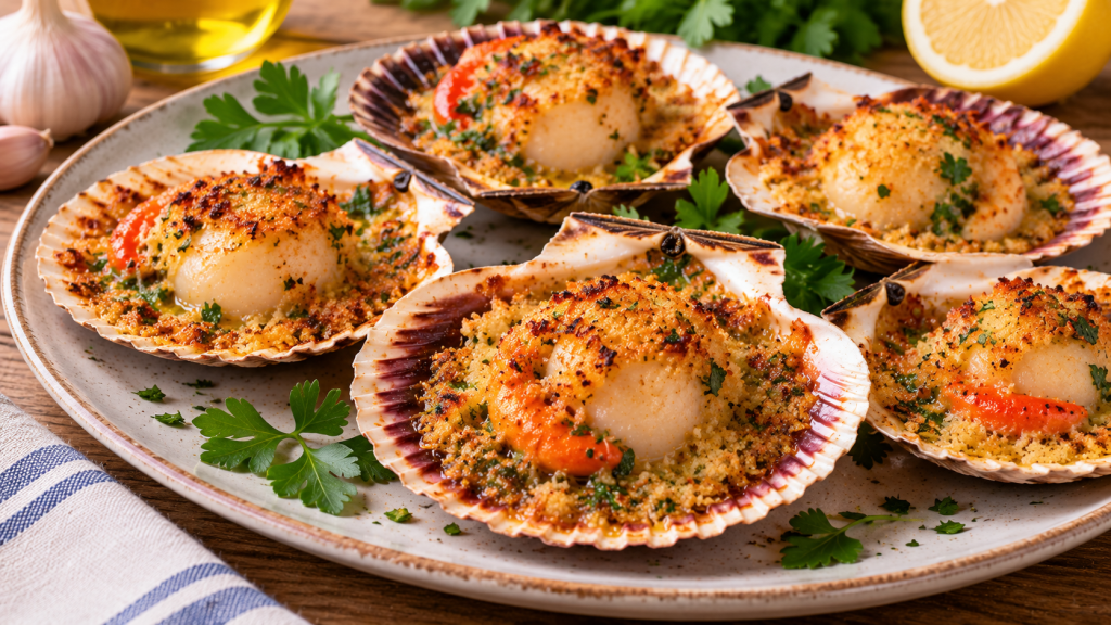 Vieiras en sus conchas con carne blanca y coral naranja, gratinadas con pan rallado dorado y perejil