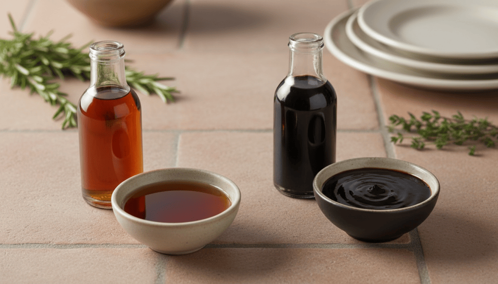 Dos cuencos y botellas sin etiquetas: vinagre de Jerez de color ámbar a la izquierda y vinagre balsámico oscuro a la derecha, sobre una mesa de cocina