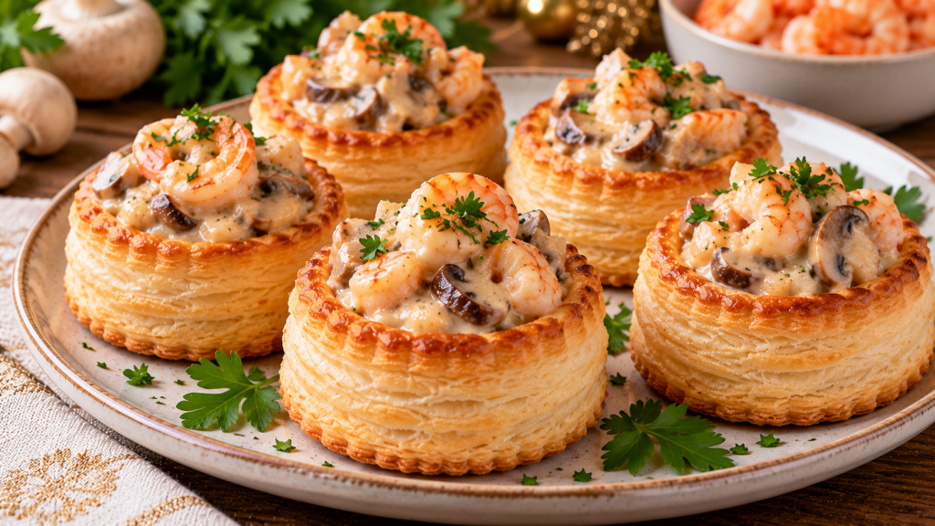 Volovanes de hojaldre dorado rellenos de gambas rosadas y champiñones en salsa cremosa, con perejil