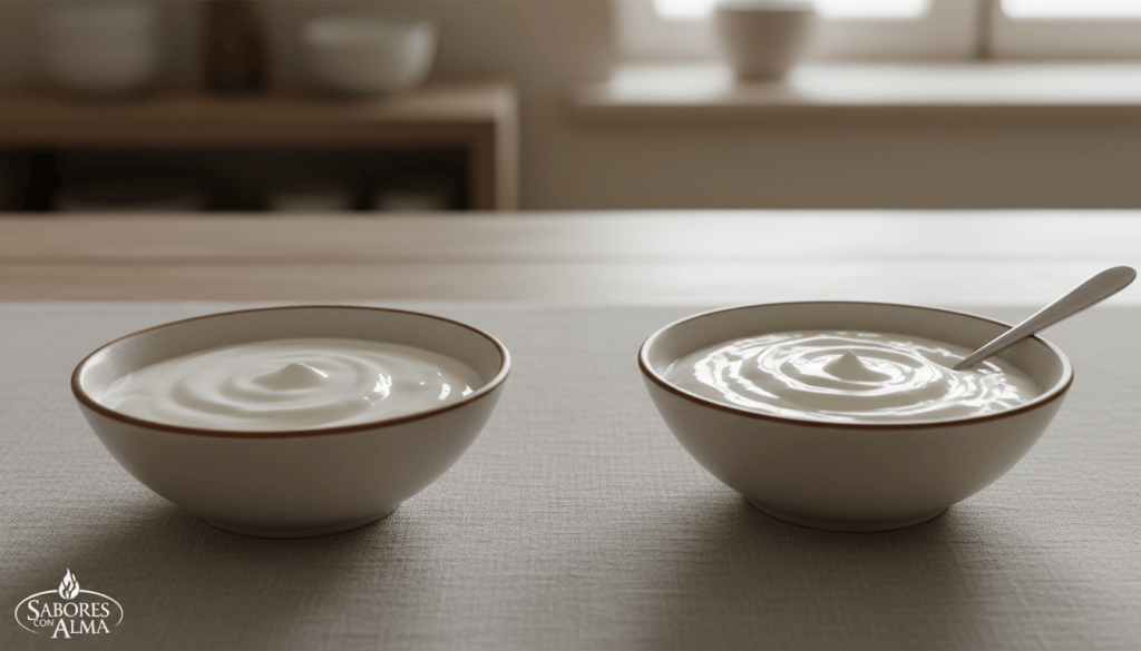 Dos cuencos completos de yogur natural y yogur griego sobre una mesa, vistos en perspectiva de tres cuartos.